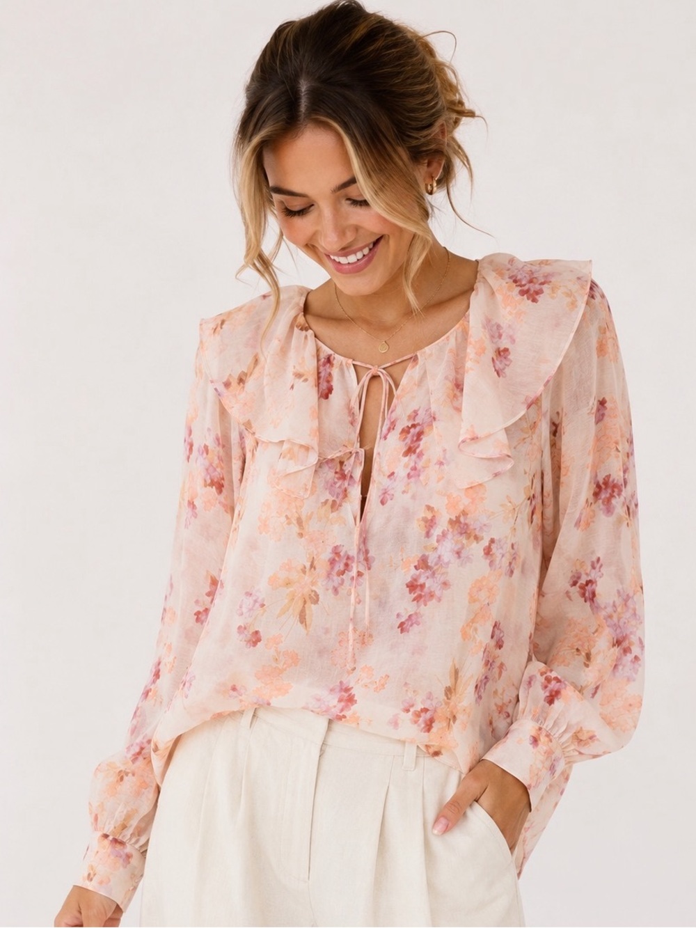 Romantic Floral Ruffle Collar Sheer Lyocell Blend Blouse Cottagecore M